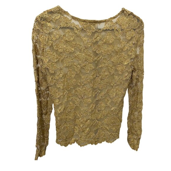 Caché Gold Lace Small Long Sleeve Top Elegant Mesh Floral Design Lightweight - Picture 2 of 8